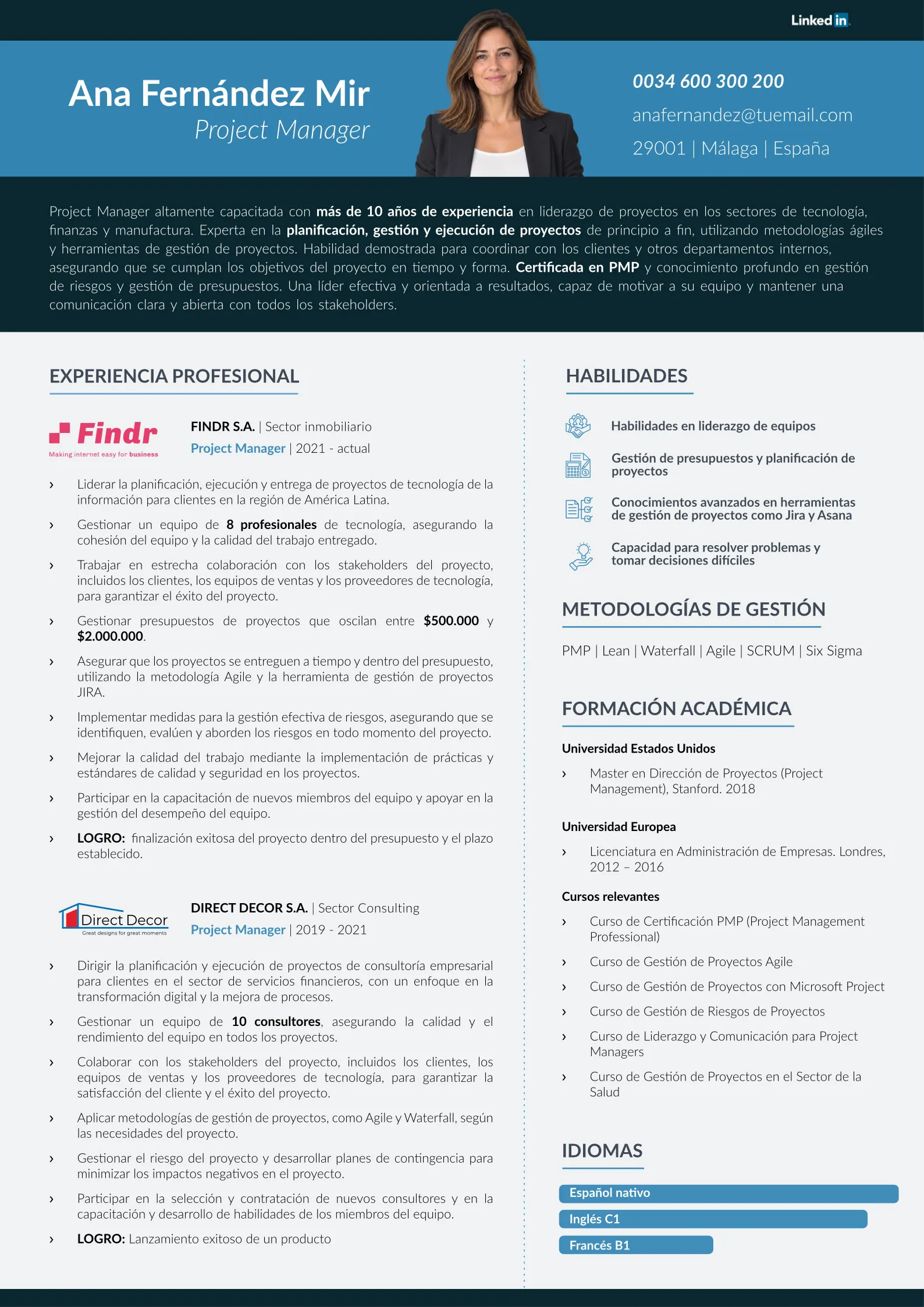 Ejemplo de CV de nivel mánager